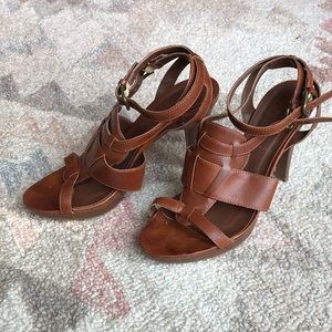 Brown leather stacked heel sandals